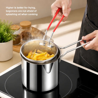 Mini Stainless Steel Deep Fryer Set, 5.12×4.72in Single Person Deep Frying Pot with Filter Basket & Food Clip, Rust Resistant Portable Cookware for Chips, Chicken Wings & Home Cooking