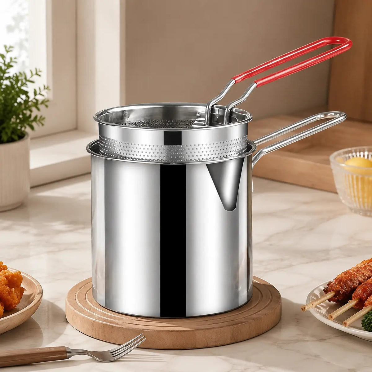 Mini Stainless Steel Deep Fryer Set, 5.12×4.72in Single Person Deep Frying Pot with Filter Basket & Food Clip, Rust Resistant Portable Cookware for Chips, Chicken Wings & Home Cooking
