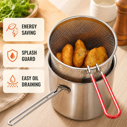 Mini Stainless Steel Deep Fryer Set, 5.12×4.72in Single Person Deep Frying Pot with Filter Basket & Food Clip, Rust Resistant Portable Cookware for Chips, Chicken Wings & Home Cooking