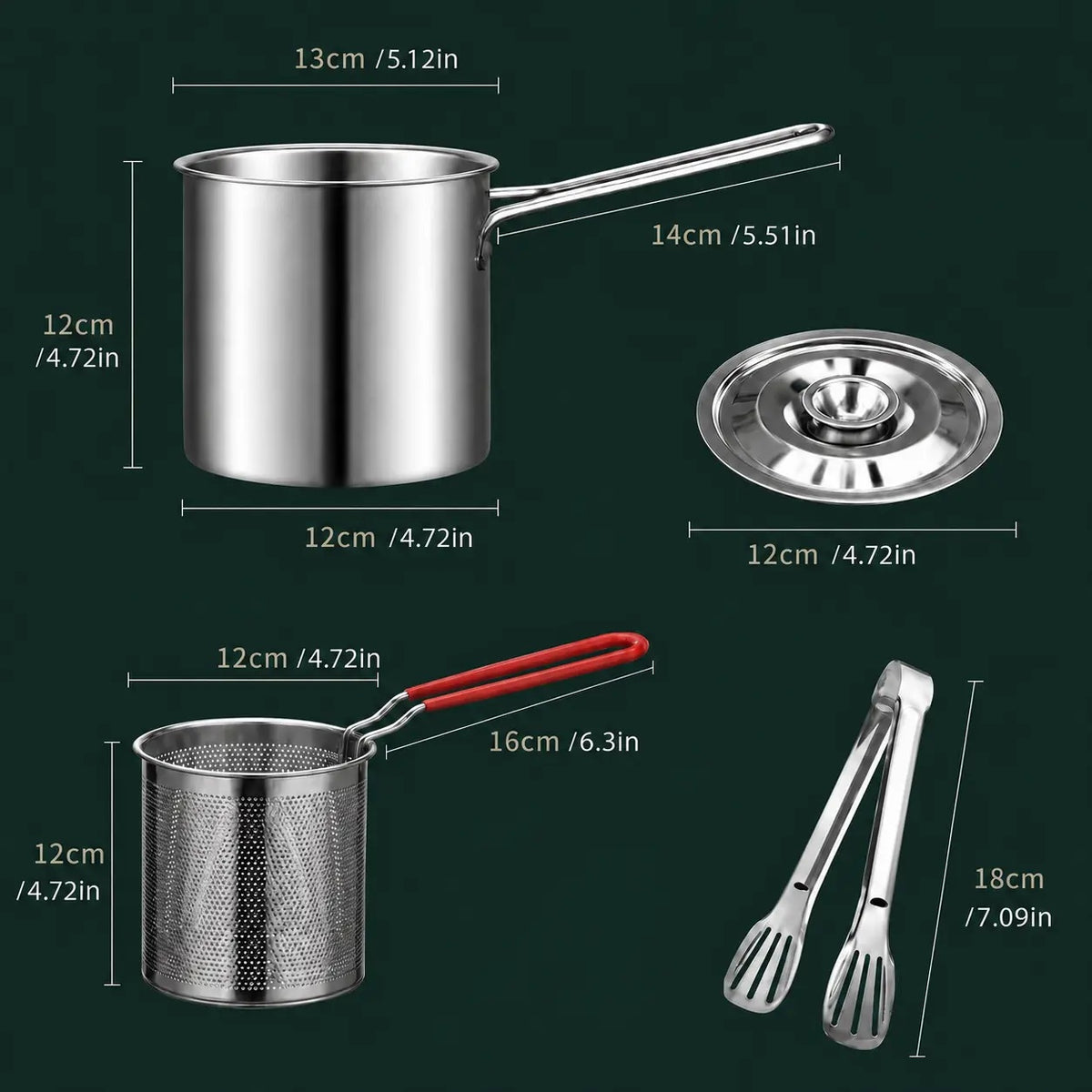 Mini Stainless Steel Deep Fryer Set, 5.12×4.72in Single Person Deep Frying Pot with Filter Basket & Food Clip, Rust Resistant Portable Cookware for Chips, Chicken Wings & Home Cooking