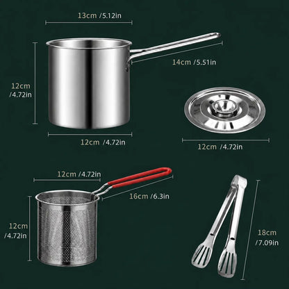 Mini Stainless Steel Deep Fryer Set, 5.12×4.72in Single Person Deep Frying Pot with Filter Basket & Food Clip, Rust Resistant Portable Cookware for Chips, Chicken Wings & Home Cooking