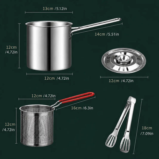 Mini Stainless Steel Deep Fryer Set, 5.12×4.72in Single Person Deep Frying Pot with Filter Basket & Food Clip, Rust Resistant Portable Cookware for Chips, Chicken Wings & Home Cooking