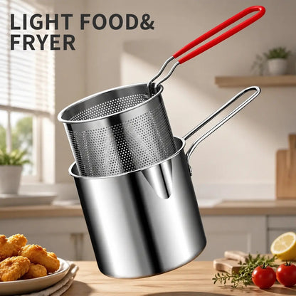Mini Stainless Steel Deep Fryer Set, 5.12×4.72in Single Person Deep Frying Pot with Filter Basket & Food Clip, Rust Resistant Portable Cookware for Chips, Chicken Wings & Home Cooking
